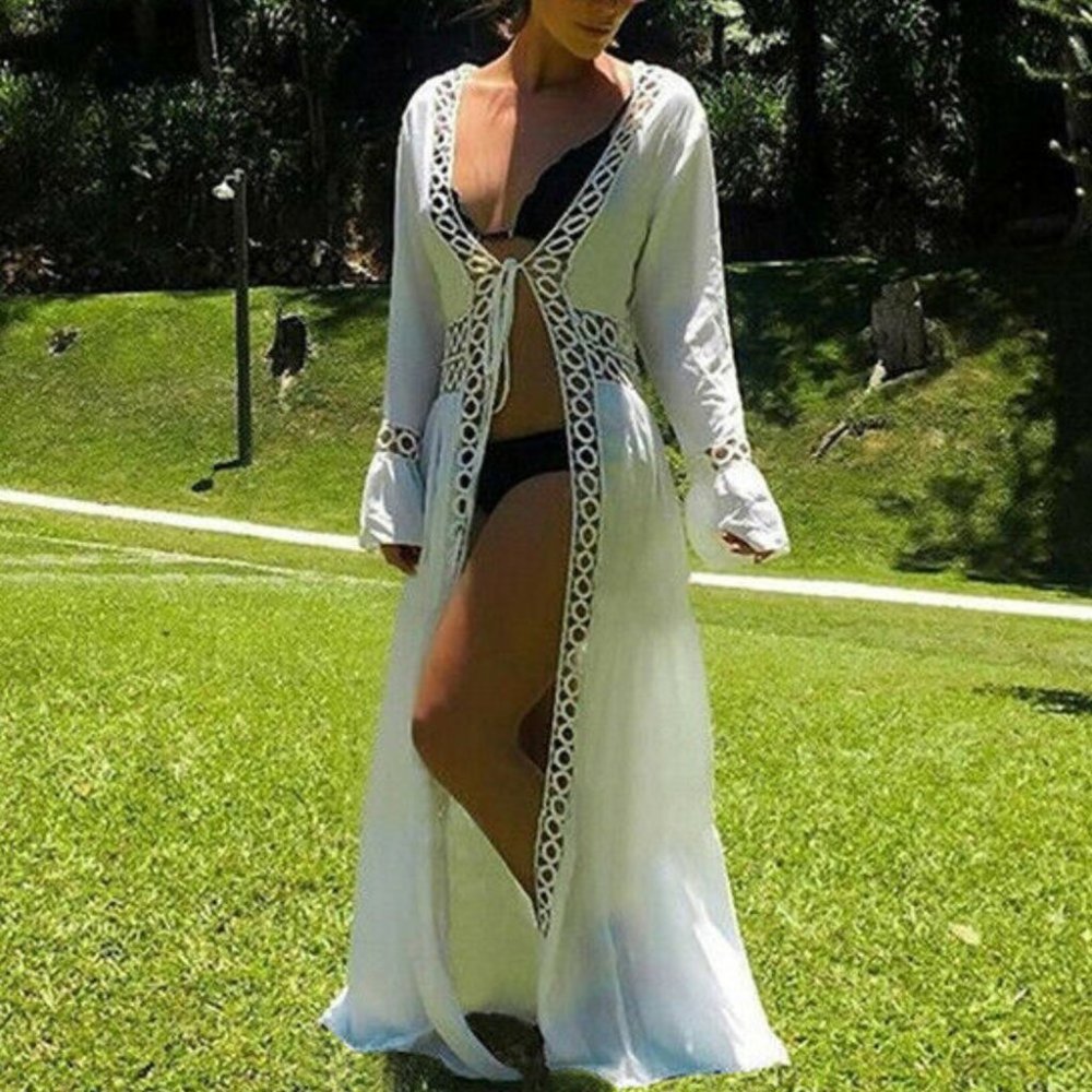 bohowhite crochet/lace detailed tie front kimono coverup - Picture 8 of 14